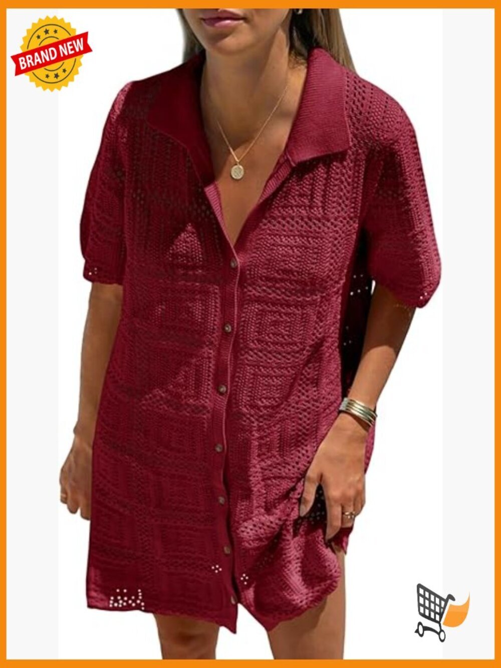 Crochet Swimsuit Cover Up Dress V Neck Button Short Sleeve Beach Vacation Outfit